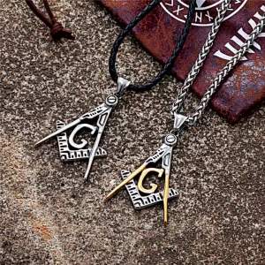 Retro Viking Masonic Necklace Men Gold Color Stainless Steel Mason Symbol Pendant Norse Amulet Genuine Leather Rope Male Jewelry
