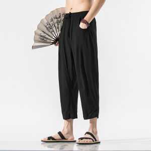 Quần Dài Thường Ngày Bằng Vải Lanh Cotton Mỏng Mùa Hè 2025 Cho Nam Quần Dài Tám Điểm Rộng Rãi Quần Ngắn Mùa Hè