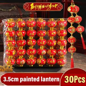 30pcs 2025 Mini Chinese New Year Painted Red Lanterns with Tassels Traditional DIY Spring Festival Auspicious Hanging Lanterns Lunar New Year Decorative Accessories