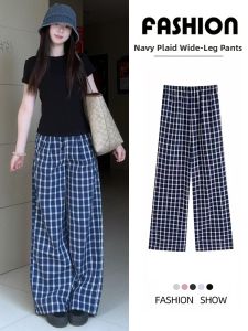LANMENGYA | Navy Check Casual Loose Long Trousers