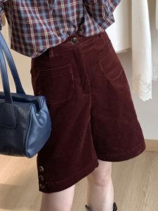 High Waist Corduroy Shorts Womens Casual Five-Quarter Length Angra Red Korean Style Lazy Fashion Commute Vintage Pants