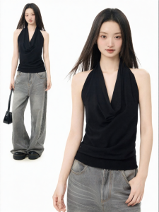 iiiamx | Halter Neck Draped Neck Backless Fitted Sleeveless T-shirt