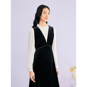 YINER | Đầm Velvet Thắt Eo Giả Hai Mảnh Thêu Tinh Tế
