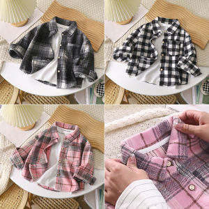 Boys Shirt Long-Sleeved Section Plaid Shirt Children Retro Colour Blocking Cardigan New Lapel Blouse Jacket Girls Shirt