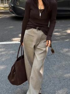 2025 Autumn New Style Korean Simple Commute Slimming Beige Straight Leg Floor-Length Pants High Waist Wide Leg Pants