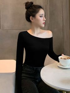 เซ็กซี่ สีดำ ปาดใหล่ เสื้อฐานแขนยาว ผู้หญิง สลิมฟิต เสื้อไหล่ล็อคกระดูกไหปลาร้า ฤดูใบไม้ผลิ ฤดูใบไม้ร่วง ฤดูหนาว ดีไซน์ Sense Inner Wear T-shirt