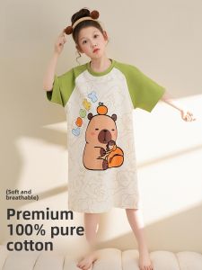 miiow | Pure Cotton Short Sleeve Sleepwear For Girls Lightweight Summer Home Clothes Catman Childrens Nightgown Thin Model New 2025