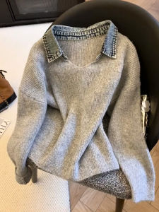 QINGNAER | Bohemian Style Fake Two-Piece Denim Knitted Sweater