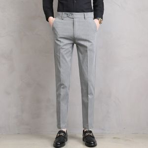 ROMON | Lormen Mens Casual Pants Summer Thin Business Loose Straight Stripe Suit Elastic Long Trousers Fashionable Youth Polyester Blend