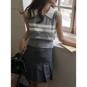 Áo Ba Lỗ Dệt Kim Kẻ Sọc Cổ Polo Áo Hai Dây Âu Phục Mùa Hè Cho Nữ Áo Không Tay Kiểu Ngắn Tôn Dáng Cho Nữ