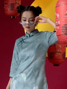 Ruige Deerskin Velvet Cheongsam 2023 New Spring Young Girl Long Sleeve Improved Green National Fashion Short Dress