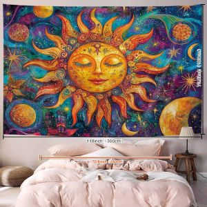 VIKAMA Dream Sun Tapestry Smiling Face Starry Sky Halo Bedroom Meditation Room Bohemian Decorative Art Wall Background