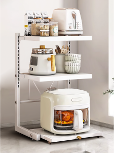 Kitchen Countertop Air Fryer Rack Multi-Functional Storage Shelf Carbon Steel 3 Layers Slide out Clamp Adjustment Fridge Organizer