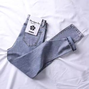 High-Waist Slimming Stretch Jeans for Women Korean Style Cotton Bomb Denim Pencil Pants with Zipper Large Size Available