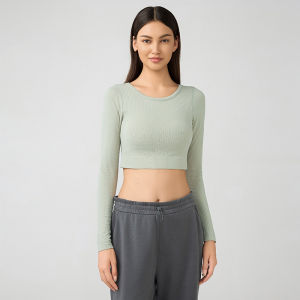 Womens Yoga Fitness Clothing Long Sleeve Sports Pilates Training Elastic Slimming Gym Top with Chest Pad Short Style