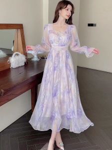 French Style Long Sleeve Silver Heat Treatment Handmade Beaded Lace Trim Maxi Dress Womens Summer Fashion A-Line Skirt