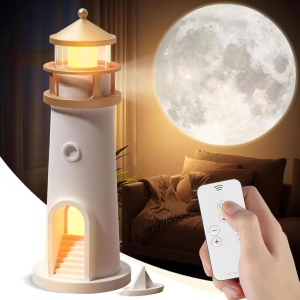 Lighthouse Moon Projection Night Light with Remote Dimmable Ambient Light Motion Sensor for Bedroom Desktop Decor Christmas Gift