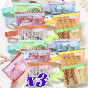 กระเป๋าใส่เครื่องสำอางค์ถุงซิปแต่งหน้าตาข่ายสีสันสดใสสำหรับผู้หญิง3ชิ้นสำหรับใช้ในห้องน้ำที่จัดระเบียบกระเป๋าเครื่องแต่งหน้ากระเป๋าเก็บของแบบพกพา
