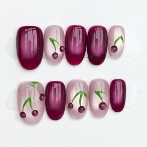 10pcs Handmade Purple Pink 3d Cherry Press on Nails Short oval Full Cover Wearable Reusable Cute False Nails 2026