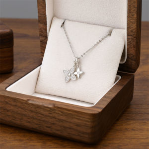 Fashionable Titanium Steel Necklace with Micro-Set Double Four-Leaf Clover Pendant Gold Plated Real Gold Color Preservation Ladies Clavicle Chain