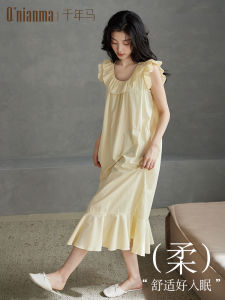 ชุดนอนผู้หญิงผ้าฝ้ายแท้ทรงหลวมสไตล์เจ้าหญิง แขนสั้น ทรงหลวม ฤดูร้อน 2024 ชุดนอนผ้าฝ้ายแท้บาง กระโปรงทรงเอ