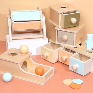 Montessori Wooden Sensory Toys/Coin Box Ball Box Permanence Object Box Spinning Drum Early Learning Educational Toys