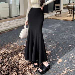 กระโปรงทรงเอเอวสูงสีดำสไตล์สูททรงหางปลาสำหรับผู้หญิงในฤดูใบไม้ผลิและฤดูใบไม้ร่วง กระโปรงยาวคลุมเข่าทรงเอเข้ารูป กระโปรงทรงเอเข้ารูป