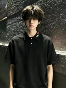 ZHUOCAN | Black Embroidered Turn-down Collar Cleanfit 5/8 Sleeve Heavy Cotton T-Shirt