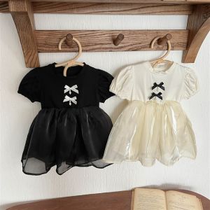 Korean Style Sweet Princess Dress Baby Girl Birthday Outfit Childrens Clothing Cotton Soft Processing Short Sleeve Solid Color