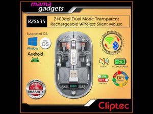 (1 Yr Warranty) Cliptec RZS635 Dual-Crystal 2400DPI Transparent Silent Rechargeable Wireless Mouse Dual Modes 3 Channels Wireless + Bluetooth + Bluetooth