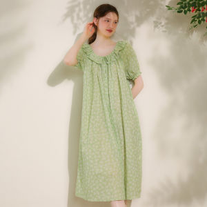 XEXZ | Combed Pure Cotton Floral Print Short Sleeve Sleepwear Womens French Style Summer Nightgown Round Neck Short Dress Length