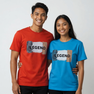 White and black t-shirts with "LEGEND" print. White shirt has black and brown brushstroke design. Black shirt has white and brown brushstroke design. Casual wear for couples.