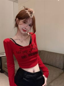 Áo Thun Nữ Cổ Chữ U Hở Ngực Ngắn Mùa Thu Phong Cách Mới in Chữ Thời Trang Giảm Tuổi Tác Áo Sơ Mi Cơ Bản