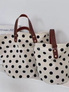 French Style Handheld Small Cloth Bag Lunch Bucket Bag Simple Retro Polka Dot Pattern Commuting Bag for Work Korean Japanese Style