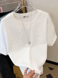 เสื้อยืดคอกลมแขนสั้นผ้าฝ้ายแท้สีขาวสำหรับผู้หญิง ทรงหลวม สไตล์เกาหลี ลำลอง ฤดูร้อน 2025 เสื้อตัวบนทรงเข้ารูป