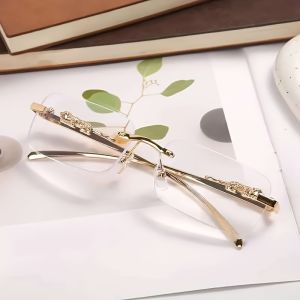 Mens Retro Frameless Metal Glasses with Decorative Tassel Design Leopard Head Fashionable Trendy Glasses