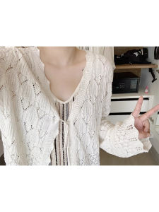เสื้อสเวตเตอร์ถักฉลุลายสไตล์ฝรั่งเศสสำหรับสาวอวบเสื้อคาร์ดิแกนกันแดดดีไซน์เก๋ไซส์ใหญ่ใส่ช่วงฤดูร้อนสำหรับผู้หญิง