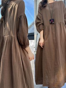 Elegant Long Cotton Gown with Embroidered Lantern Sleeve Loose Waist Doll Dress Spring Autumn Wear for Ladies Travel Friendly
