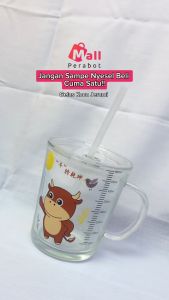 Mall Perabot | Gelas Mug Minum Anak 400ML Anti Tumpah | Mug Takar Bening Karakter Hewan lucu Free Sedotan