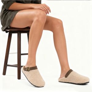 TRACYY Womens Winter Plush Slippers Fashion Non-slip Fleece-lined Clogs With Buckle Lady Comfortable Warm Houes Cotton Shoes