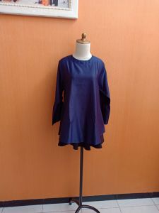 atasan wanita biru tua navy L cewek lengan pita cute kerja kuliah blouse