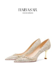 Champagne Wedding Shoes Womens French Crystal High Heels Main Wedding Dress Hexiu Two-Way Wear 2024 New Bridal Shoes Not Tired Feet