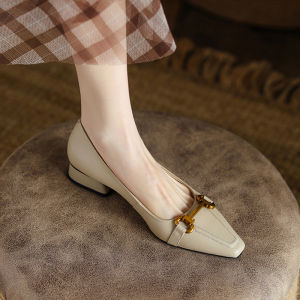 French Style Spring 2025 Womens Leather Slip-On Flat Heel Work Shoes Soft Bottom Pointed Toe Fashionable Low Cut Casual Loafers