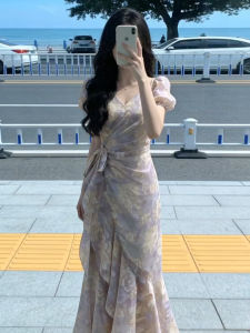 Ge·an·fei | French Style Purple Floral Summer New Resort Elegant Waist-Cinching Fish Tail Long Dress