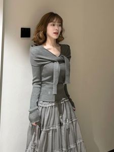 BINKAFENNY | Gray Long Sleeve Knitted Sweater Womens Chic Korean Style Inner Wear Belt Design Unique Softness Autumn Fashionable Top