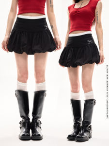 กระโปรงสั้นผ้าชีฟองสีดำเอวสูงสไตล์เกาหลีสำหรับผู้หญิงในช่วงฤดูร้อน กระโปรงทรงเอ กระโปรงทรงดอกไม้ กระโปรงสั้นทรงหลวม