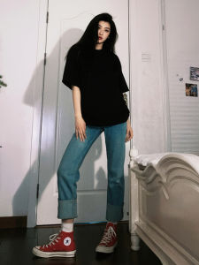 Áo Thun Nữ Tay Ngắn Màu Đen Cotton Phong Cách Hàn Quốc Mùa Hè Thường Ngày in Họa Tiết Cổ Tròn Dáng Rộng