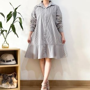 ●ECLAIRE● 063 Dress Mini Kerah Kemeja Lengan Panjang Longsleeves Motif Salur Stripe Garis-garis Korea Kasual Casual Kerja Kantor Mode iosg