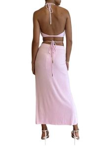 ชุดเดรสยาวสีพื้นเอวสูงแขนกุด ทรงเข้ารูป คอโปโล ผ้าโพลีเอสเตอร์ ฤดูร้อน 2024 ชุดทำงานสำหรับผู้หญิงวัย 25-35 ปี