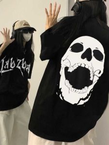 Pure Cotton Stylish Skull T-Shirt Short Sleeve High Street Hip Hop Womens Summer Couple Niche Loose Tops Trendy Men